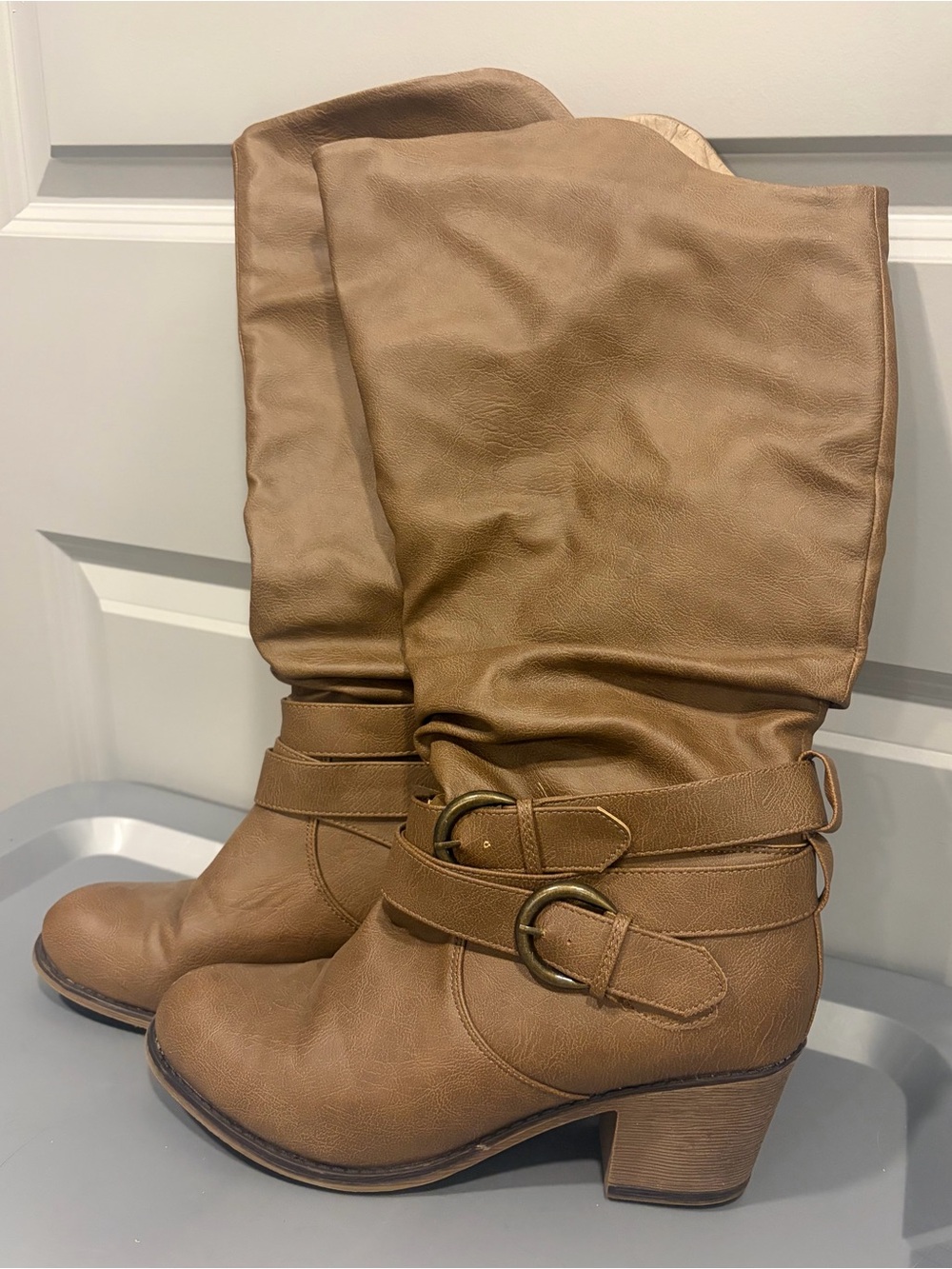 Women's Tan Wide Calf Heeled Buckle Boots